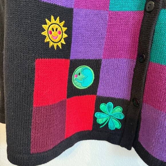 Womens Cardigan Sweater Size Large Bob Mackie Cat Heart Checkered Embroidered - Picture 4 of 6